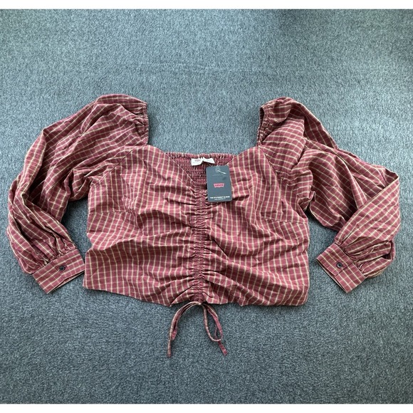 Levis Shirt Womens 1X Dark Red Plaid Shirred Cropped‎ Front Tie Smocked Top New - Picture 2 of 16